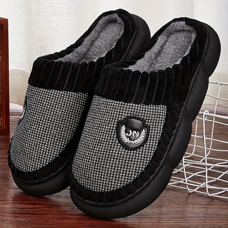 Vintage Houndstooth Round Toe Memory Foam Slippers - Soft, Plush, Cozy, Anti-skid, Slip-on Shoes for Men - Winter Indoor Shoes with Fabric Insole, PVC