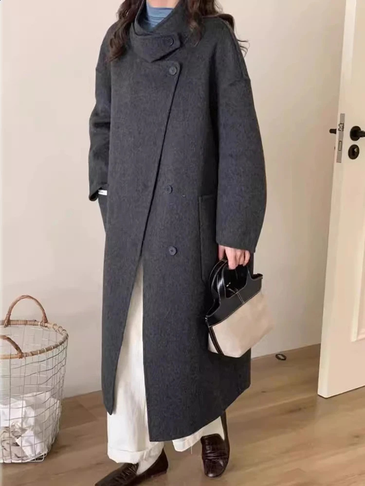 GVUW Minimalist Wool Coat Womens Stand up Collar Single Chest Solid Color Full Sleeve Pocket Long Coat 17G7994 240828