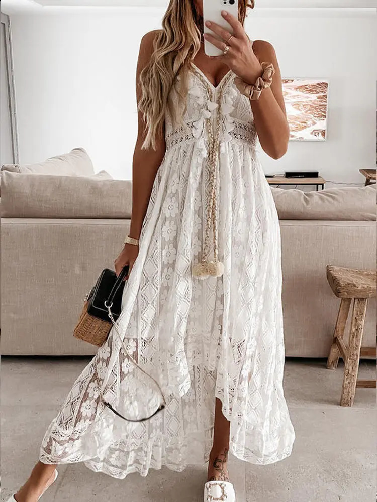 Boho Dress Women Summer Maxi Dress Lady Off Shoulder Holiday Lace V Neck Spaghetti Strap Sundress White Dress Vestidos De Mujer 240828