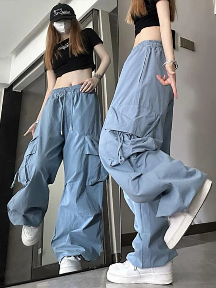 Zoki Hip Hop Y2K cargo pants womens streetwear Harajuku large pocket casual mens loose high waisted n solid 240827