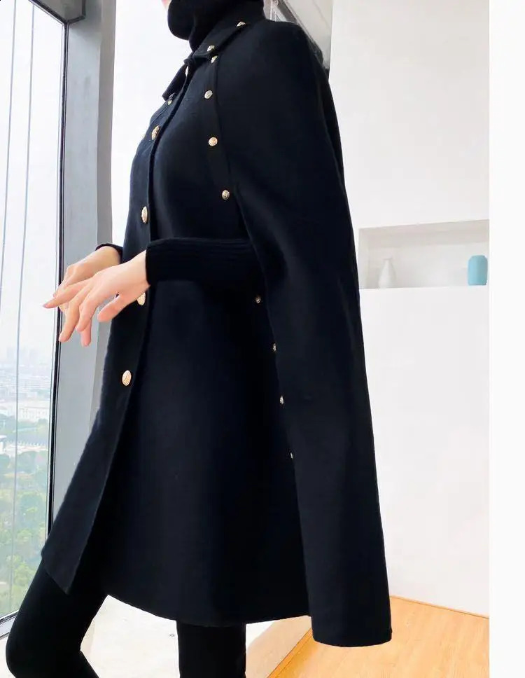 High Quality Black Cape Woolen Shawl Coat Korean Women Autumn Winter Mid-Length Loose Vintage Golden Button Cloak Wool Coat 240828