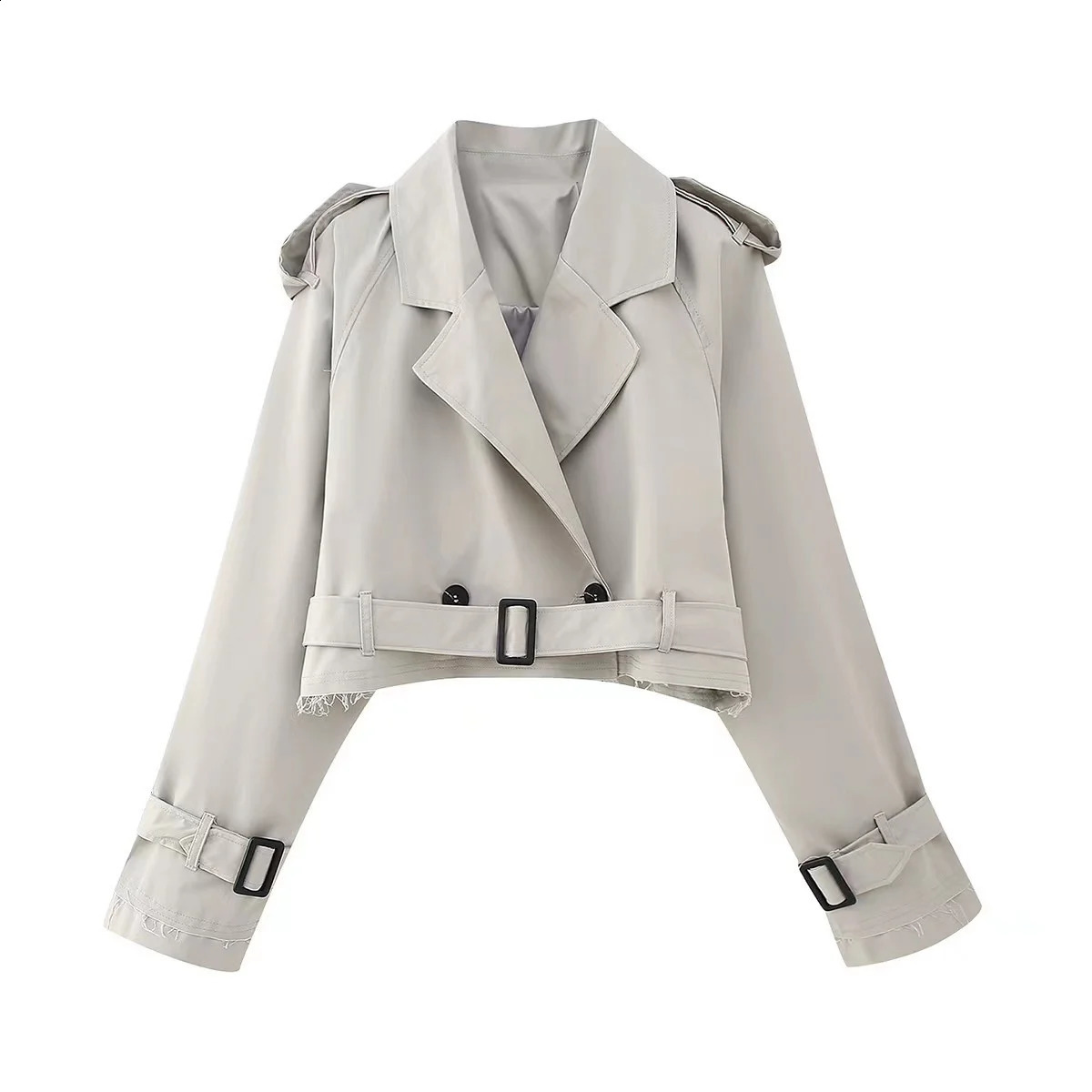 Women Fashion Belt Cropped Coat Long Sleeve Turn Down Collar Short Jacket Vintage Chic Double Breasted Trench Coats Lady Outfit y240903