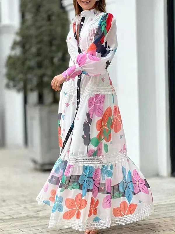 Modigirl floral print womens autumn long sleeved high neck vacation dress 240829
