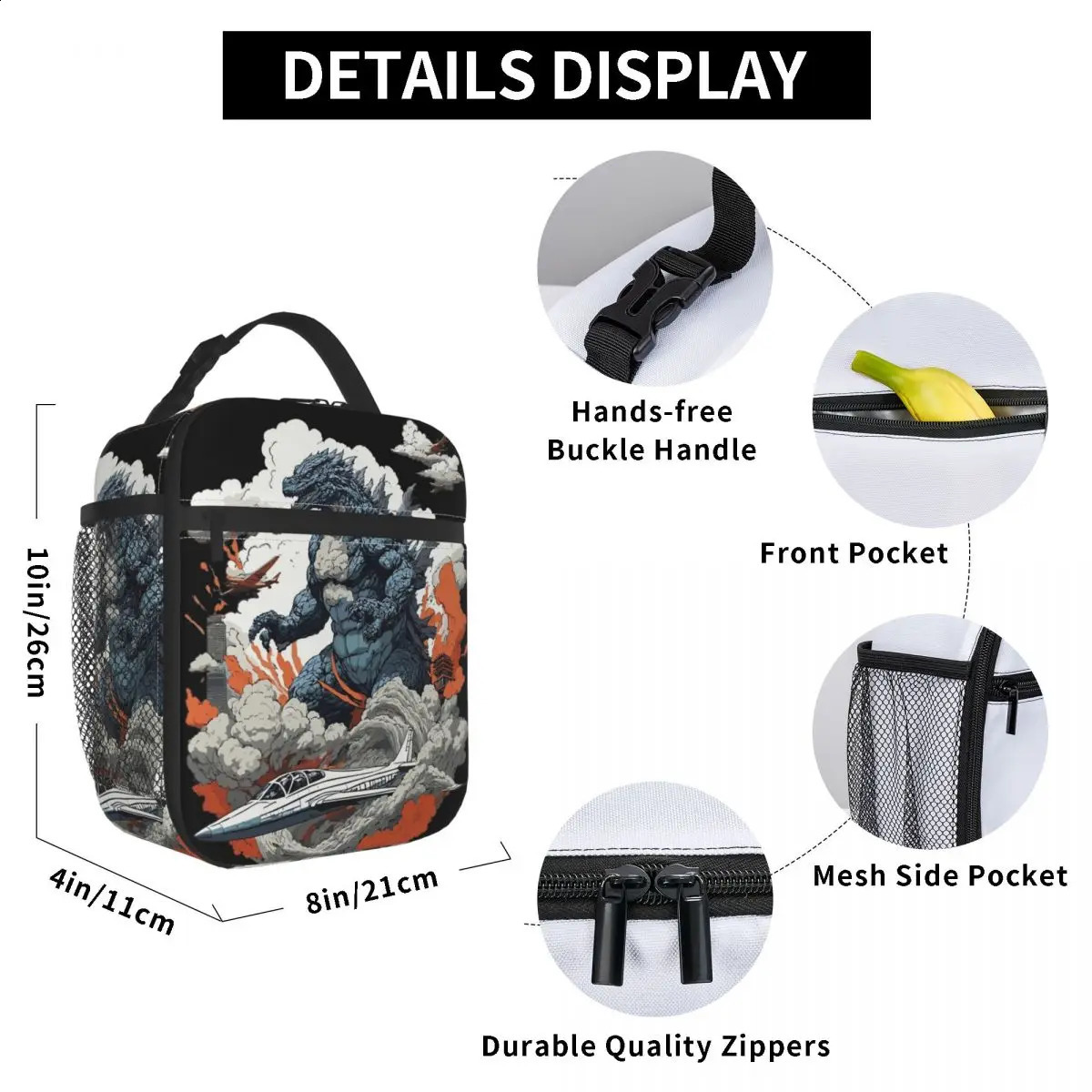 Godzillaed Minus One Monster Insulated Lunch Bags Portable Lunch Container Thermal Bag Tote Lunch Box Office Food Storage Bags 240828