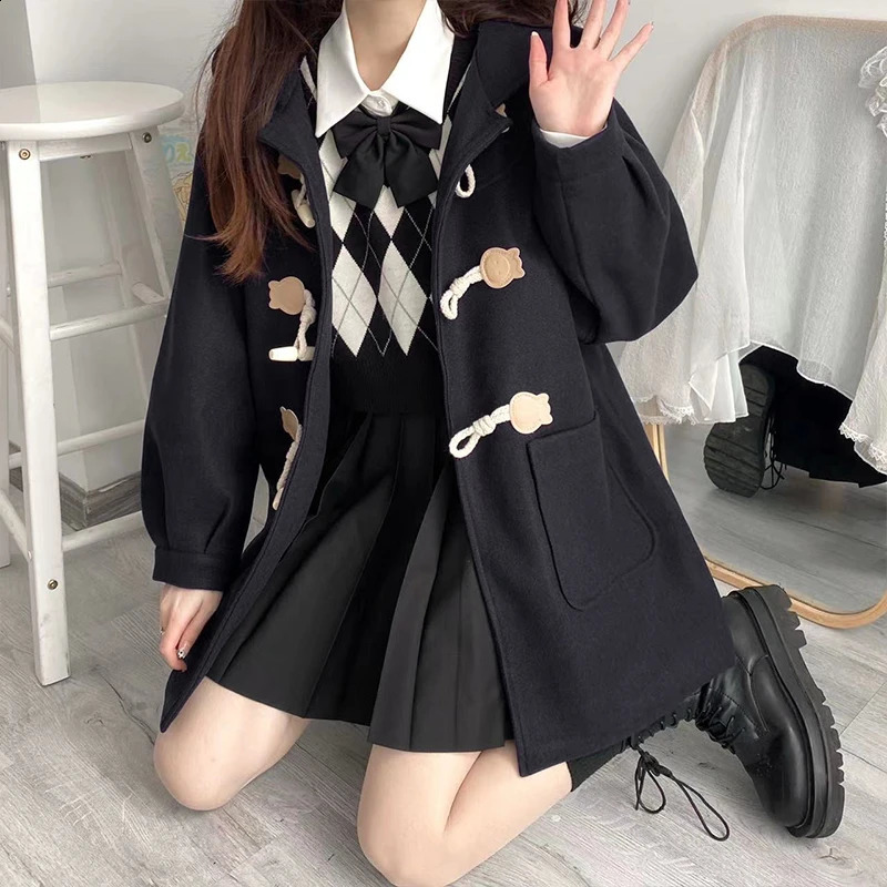 Japanese preparatory style mixed womens Kawaii button up female student hooded jacket Y2k autumn winter fashion bag fully matched retro fashion 240828