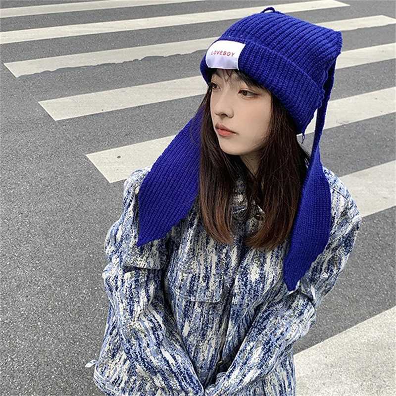 Cute Rabbit Long Ear Hat Knitted Hat Warm Cap Knit Letter Cap Unisex Cap Beanie Long Ear Hat Crochet Knitted Bunny Hat X250212