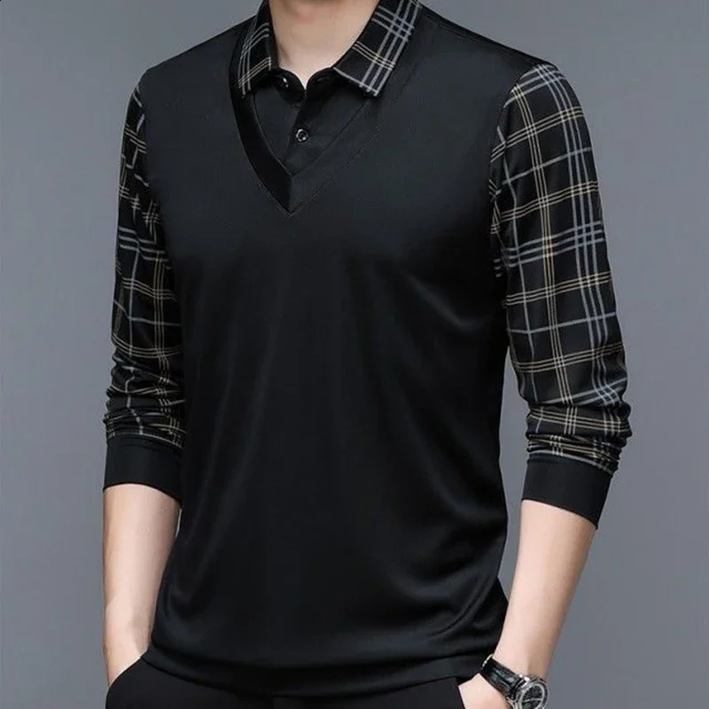 Spring Long Sleeve POLO Mens T-shirt Turn-down Collar Loose Solid Plaid Fashion Casual Business Button Tops 240828