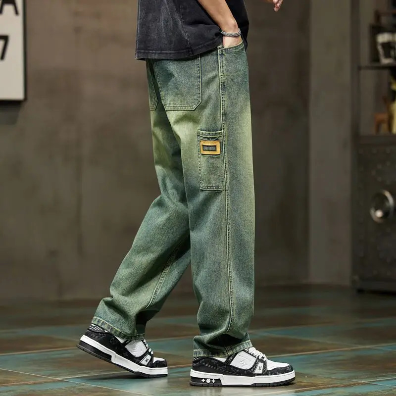 American retro hip-hop street summer jeans mens solid button zipper pocket fashionable casual loose denim straight pants 240829