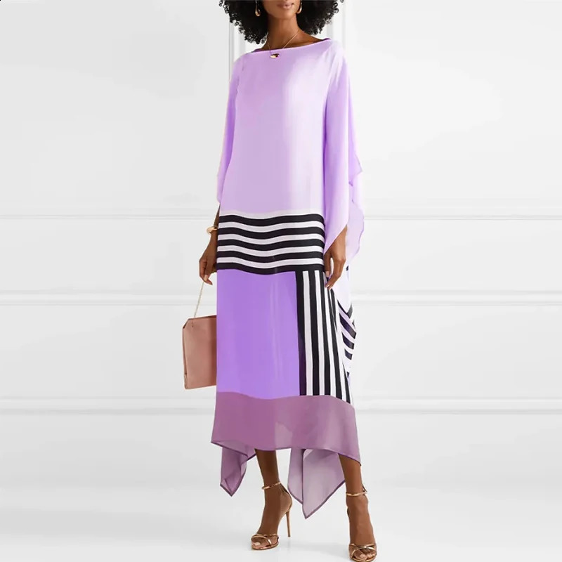 Candy Stripe Print Patchwork Kaftan Dress Womens Spring Round Neck Irregular Long Summer Bat Sleeve Bohemian 240828