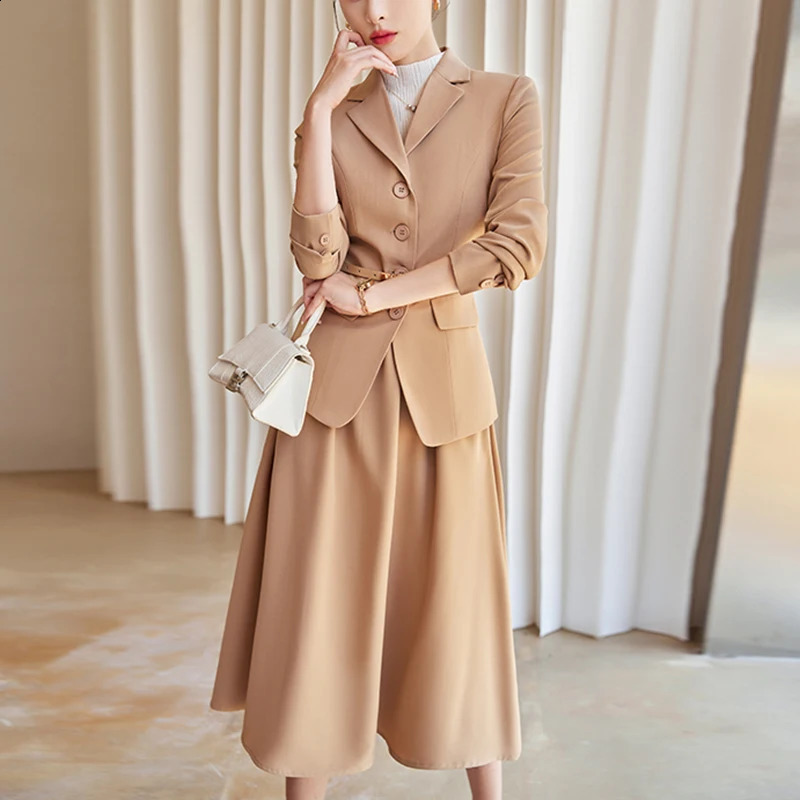 ZJYT Elegant Womens Autumn Jacket Set with Two Piece Dress Pink Office 240828