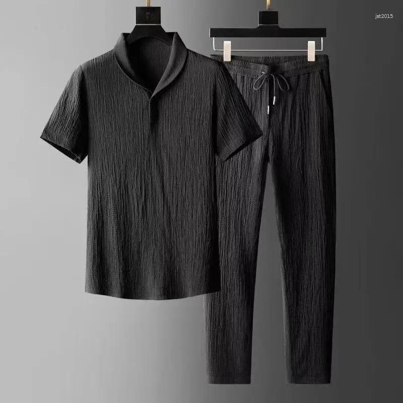 Men's Tracksuits Summer Ultra-thin Sleeveless Ice Silk Linen Suit Cotton Set Oversized Loose-fit Mid-sleeve T-shirt Sports Wear
