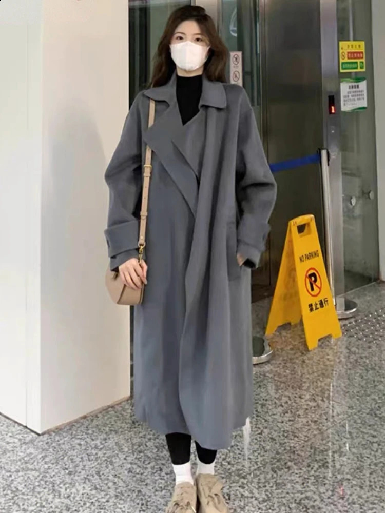 X-long blend womens solid elegant jacket Korean style comfortable office womens classic fully matched Harajuku clothing daily trend fashion autumn 240