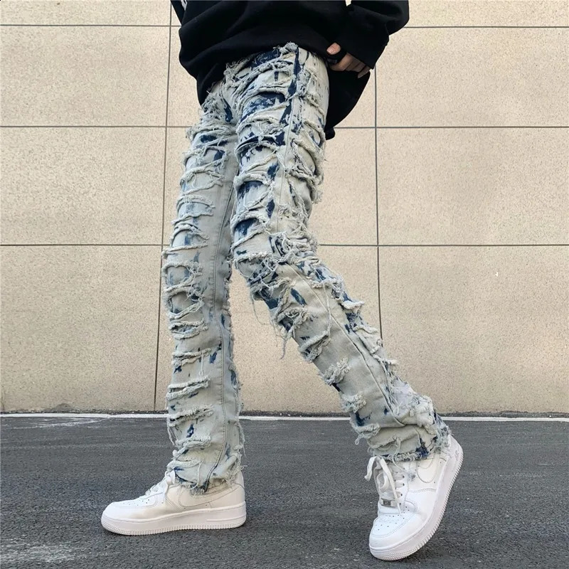 Casual Tie Dye Jeans Men and Women Straight Pants Streetwear Ripped Hole Washed Baggy Haruku Denim Trousers 240828