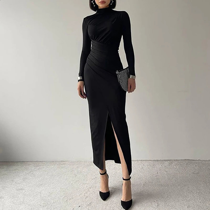 Elegant Tight Cocktail Party Dress Womens Solid High Resolution Long Autumn Half Neck Formal Occasion 240828