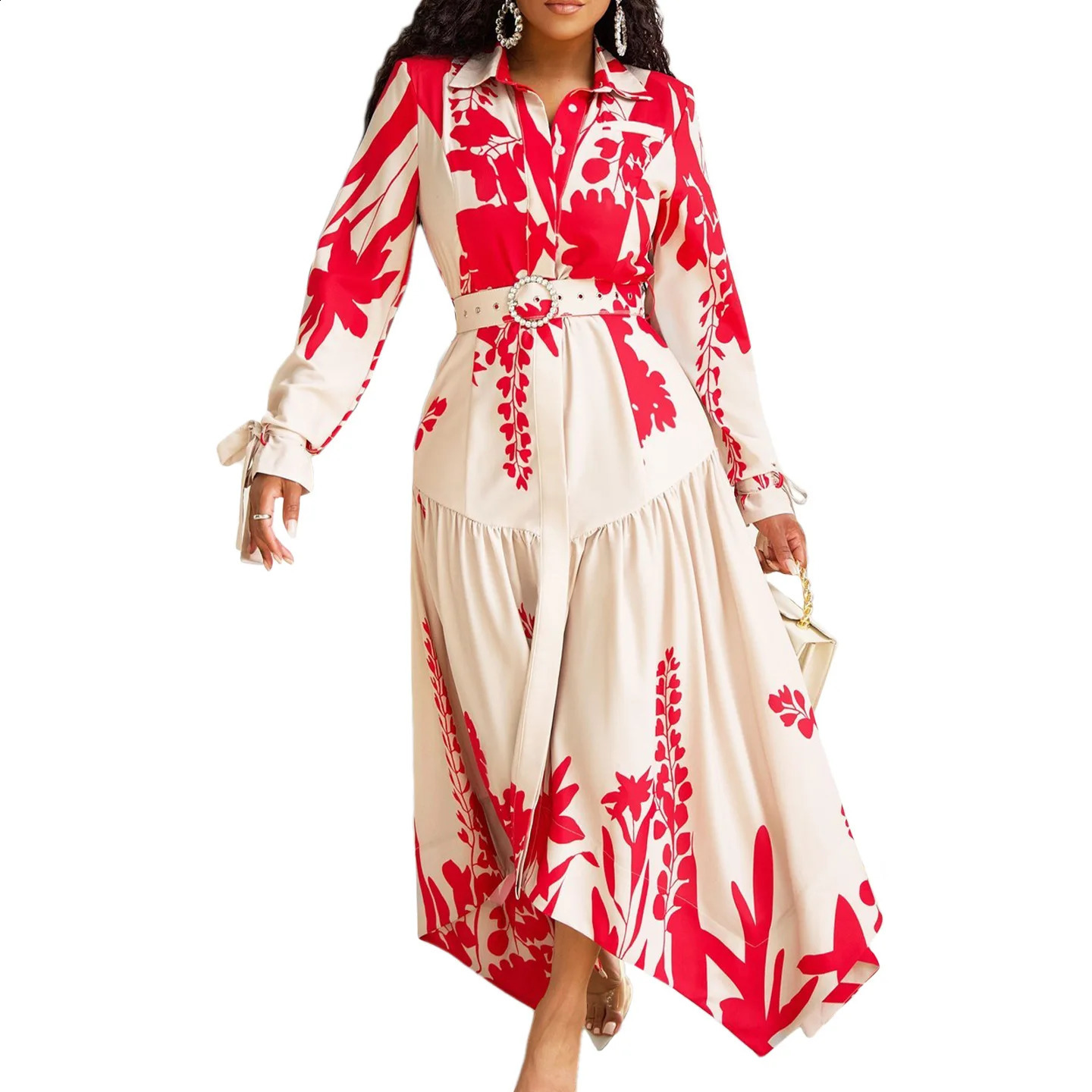 Long sleeved printed collar irregular loose long style with ALine fashionable and warm womens skirt 240828