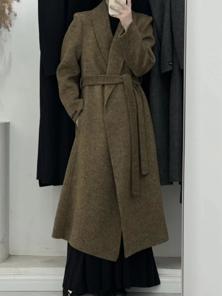 GVUW Retro Long Wool Coat Womens Notched Full Sleeve Coat Solid Color Warm Minimalist Clothing 17G7996 240828