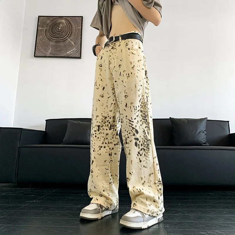 Mens leopard print jeans wide leg straight high street jeans mens handsome Trouser American street fashion 240829