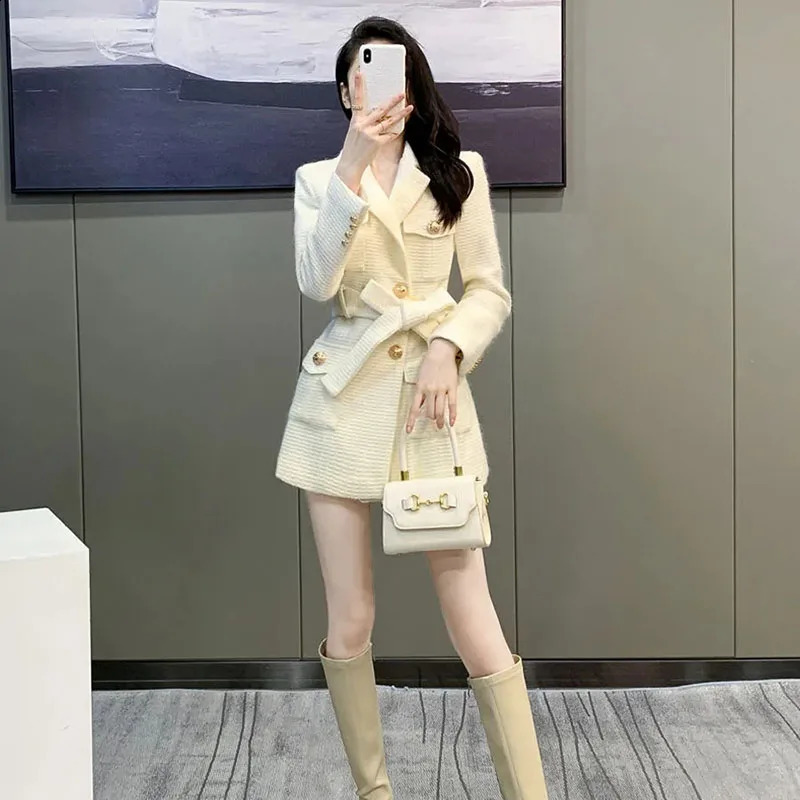 Wool Womens Jacket Autumn/Winter Korean Fashion Set Collar Ultra Thin Wool Womens Coat Medium length Warm Womens Coat Top 240828