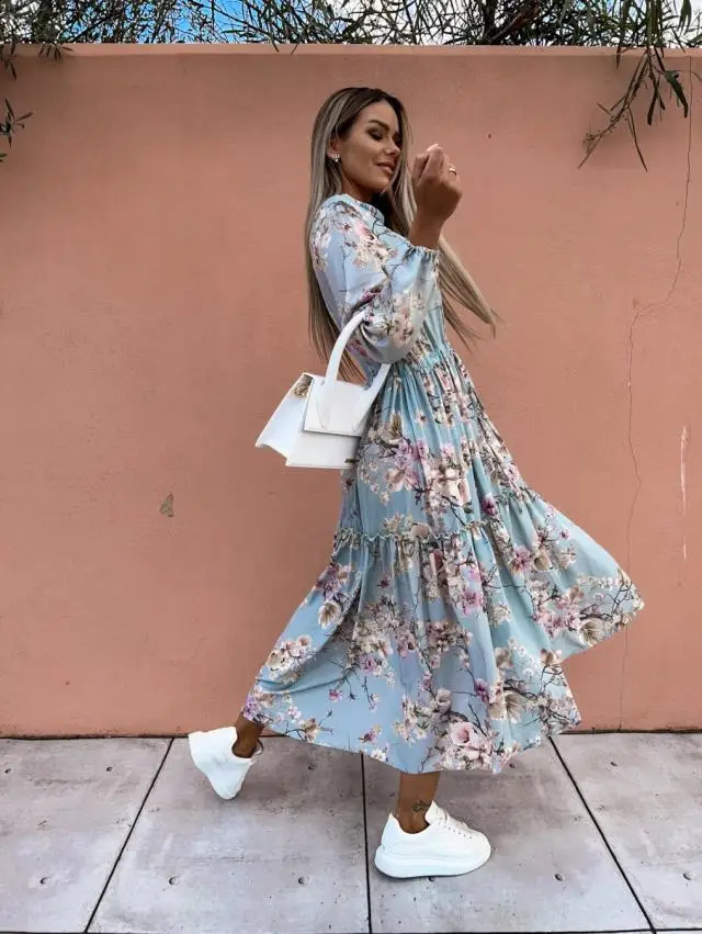 Womens clothing spring and summer fashion color Vneck long sleeved printed waist floral lace dress with large swing 240828