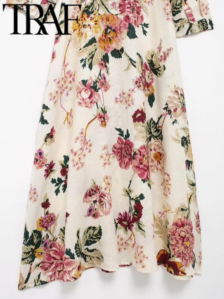 TRAF Womens Autumn High Quality Linen Printed Shirt Long Sleeve Loose Belt Midi Dress Y2K 240829