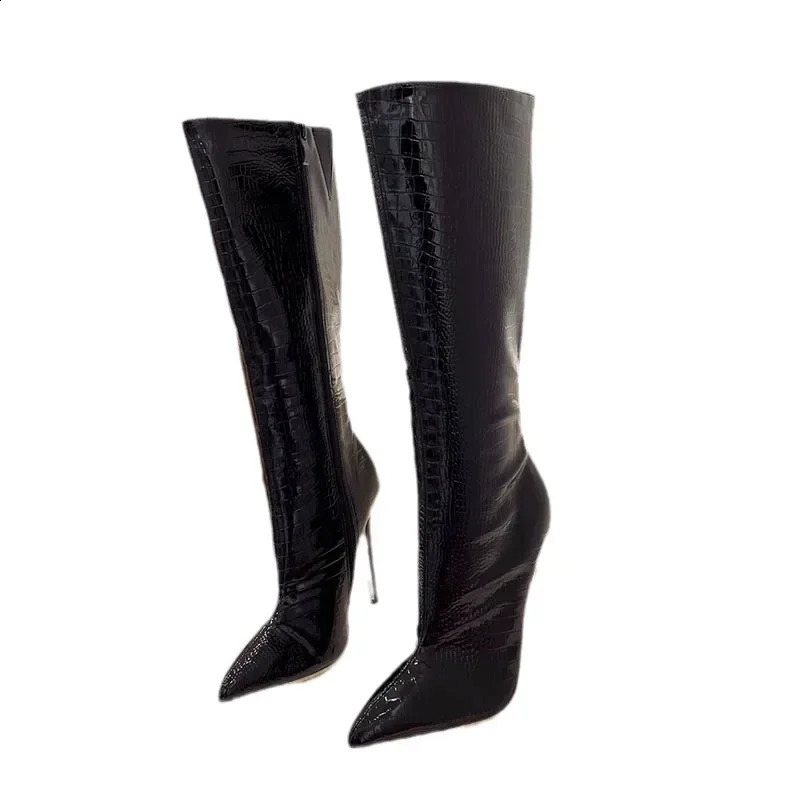 Temperment Pointed Toe 12cm High Heel Boots Womens Shoes Stone Pattern Knee High Stiletto High Heels Modern Boots Zapatos 240827