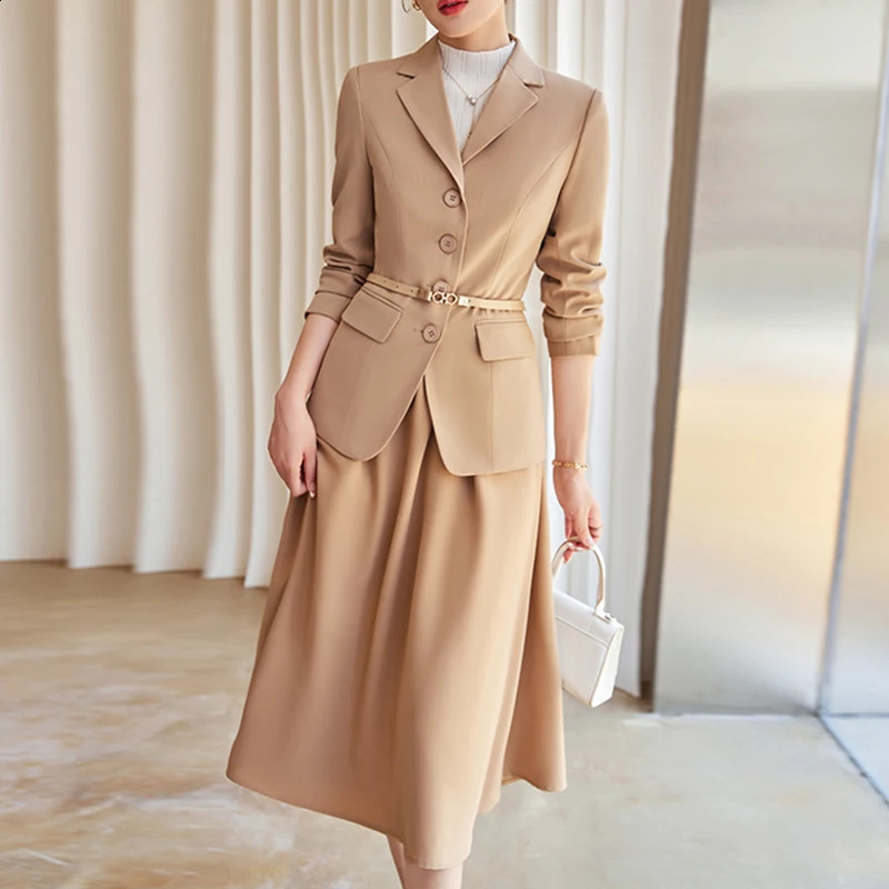 ZJYT Elegant Womens Autumn Jacket Set with Two Piece Dress Pink Office 240828