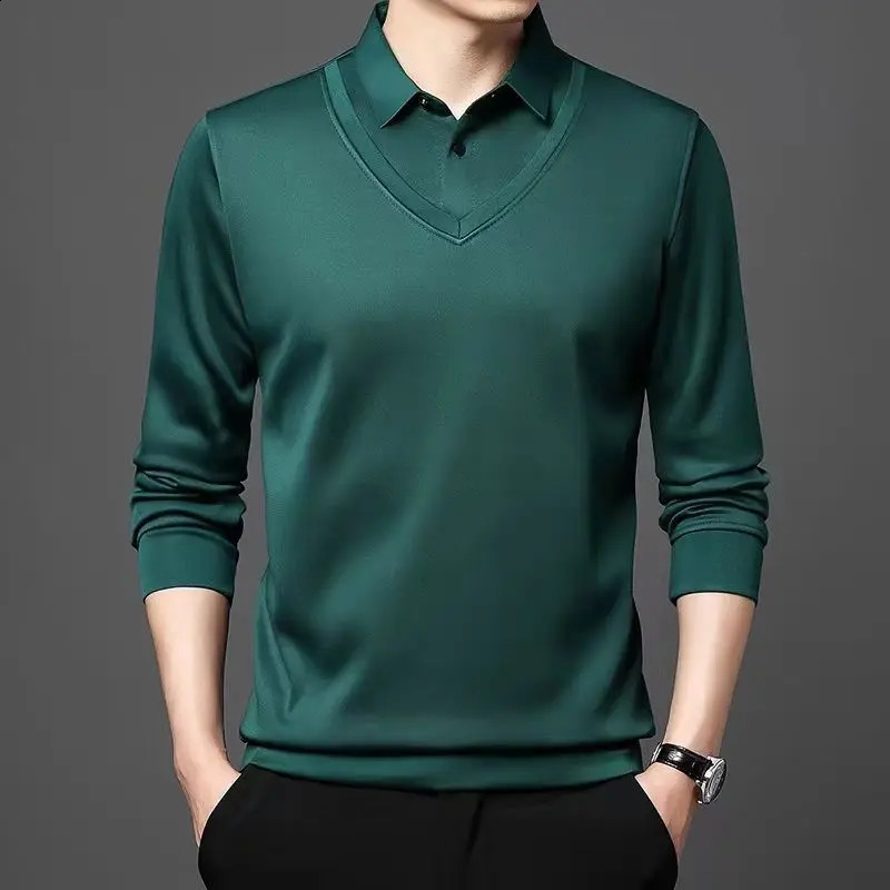 Business Casual Thin Slim Men Polo Shirt Spring Autumn Button Lapel Striped Long Sleeve Fashion Korean Clothing Tops 240828