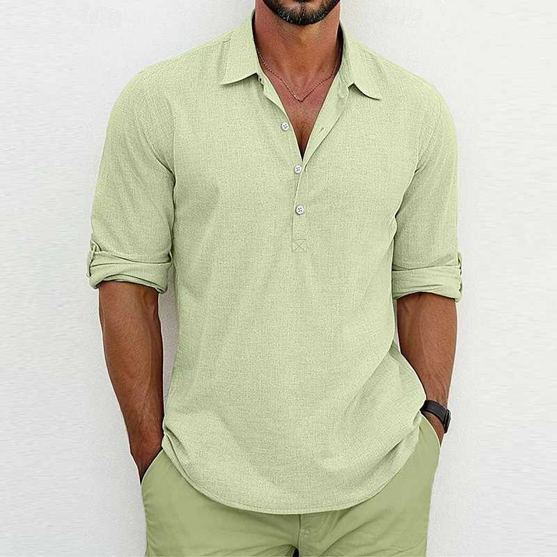 Summer Casual Pure Color Polo Shirt Men Leisure Breathable Loose Cotton Linen Top Mens Long Sleeve Button Lapel Pullover ShirtsXJ240828
