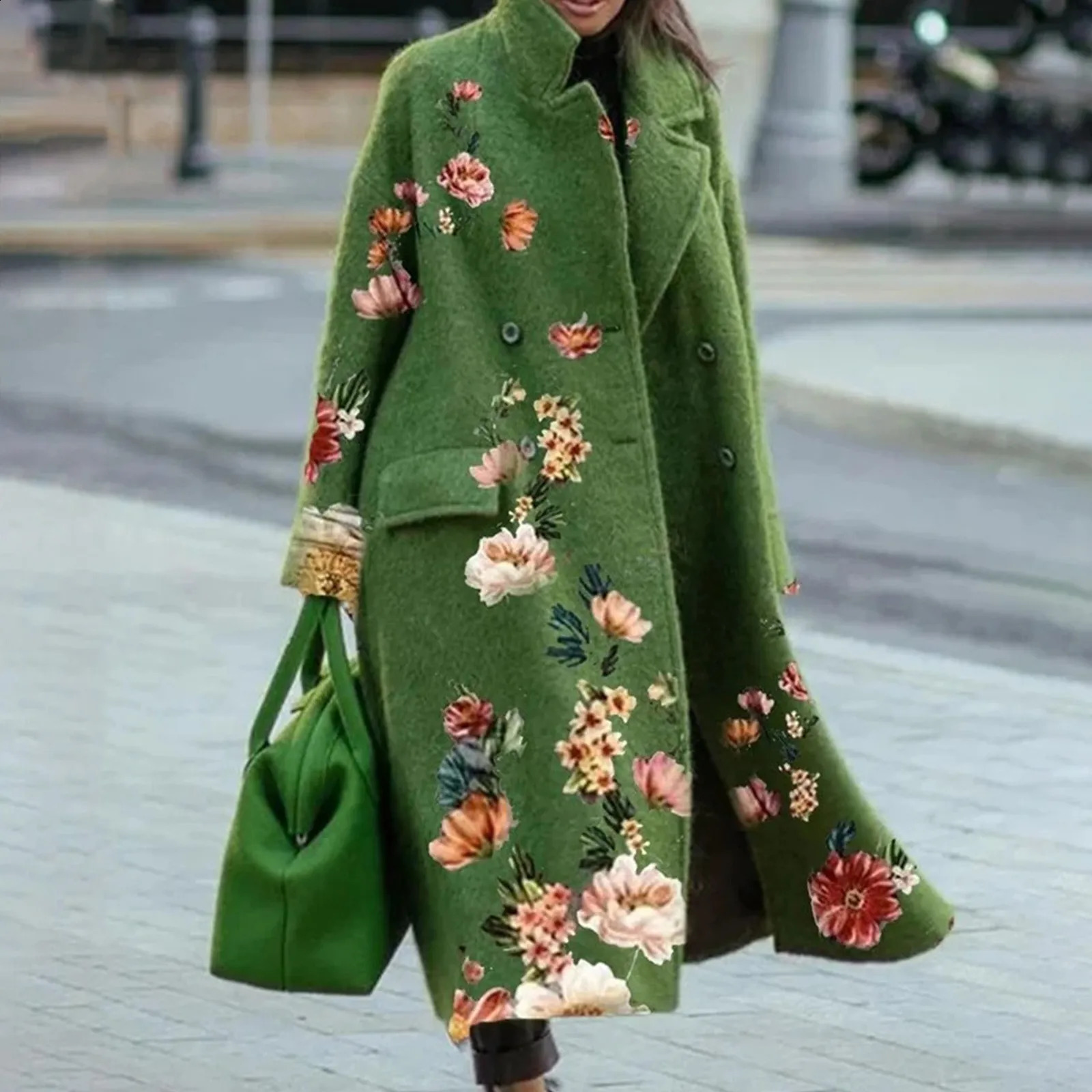 Womens wool coat fashionable casual long sleeved lapel coat retro floral print double chest coat green 240828