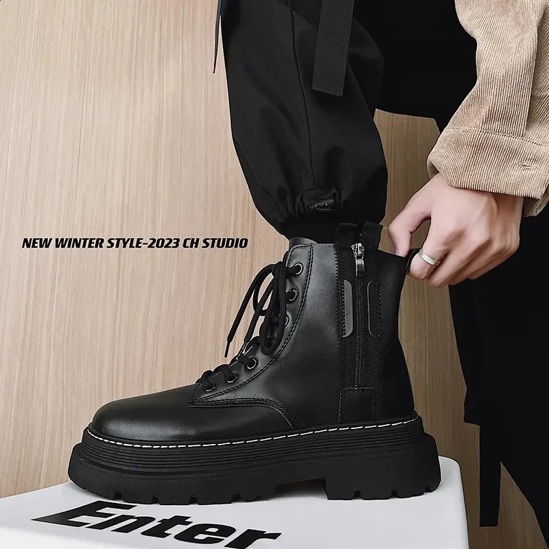 Autumn Winter Thick Base Cloth Mid-Top British Trend High-Top Korean Casual Shoes Motorcycle Boots for Men 240828