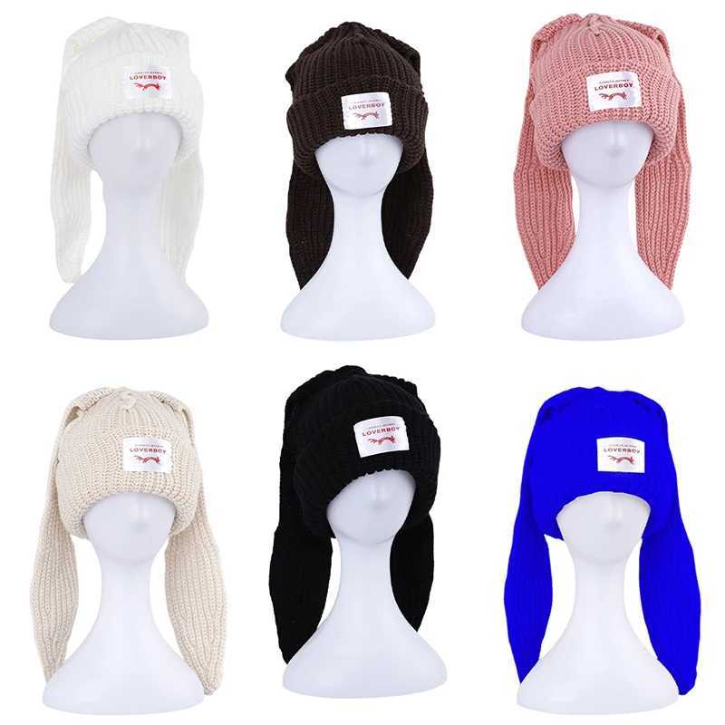 Cute Rabbit Long Ear Hat Knitted Hat Warm Cap Knit Letter Cap Unisex Cap Beanie Long Ear Hat Crochet Knitted Bunny Hat X250212