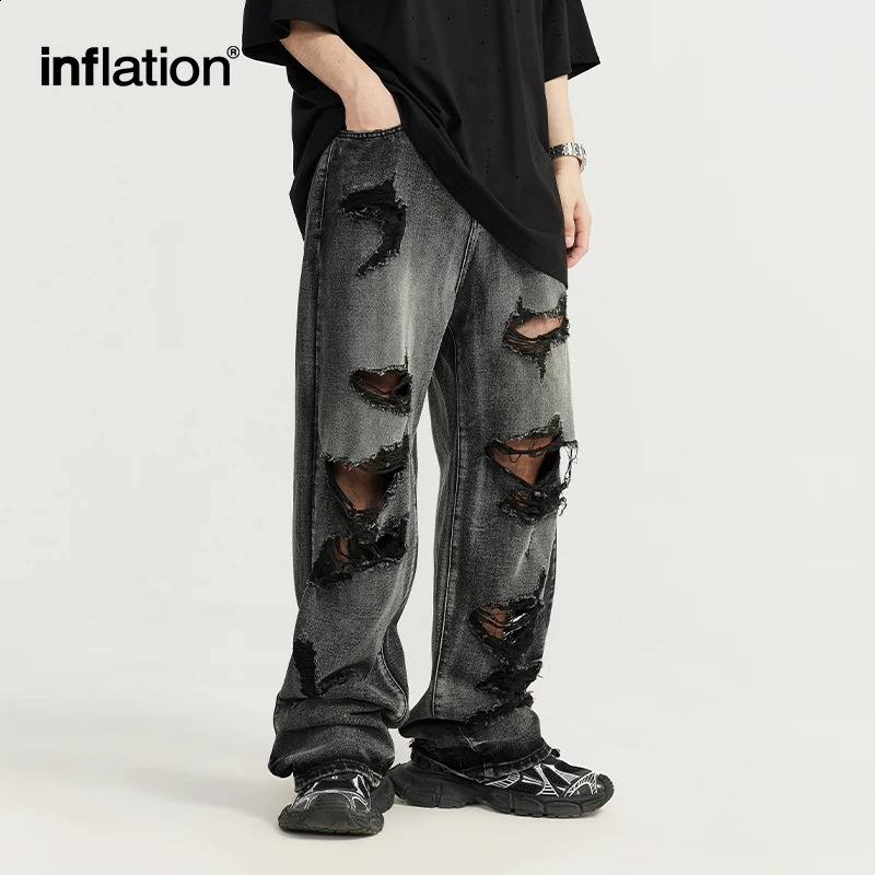 INFLATION Washed Ripped Distressed Jeans Men Streetwear Hip Hop Holes Denim Pants 240828