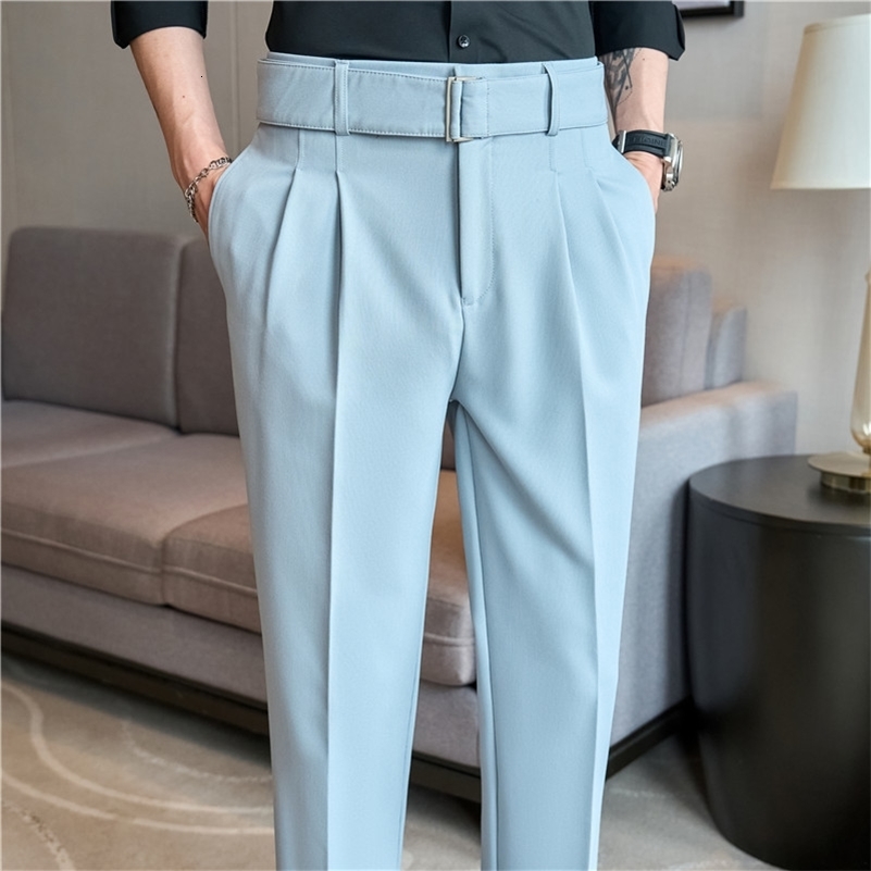 British style autumn belt decoration n set mens Naples high waist casual slim fit social pleated mens style 240828