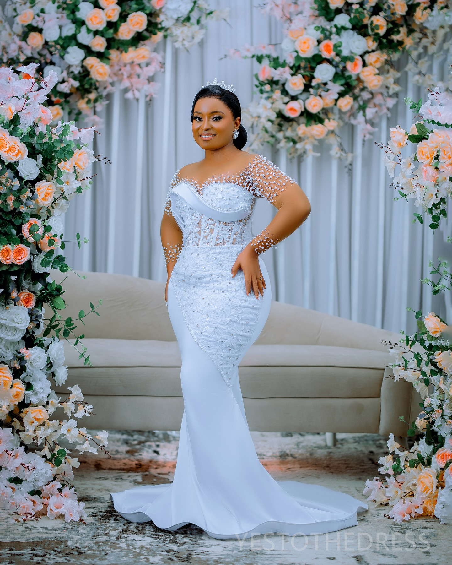 R&W 2024 Plus Size Bride With Detachable Train Mermaid Wedding Dress Bridal Gowns Sheer Neck Long Sleeves Beaded Lace Marriage Gown For Women D287