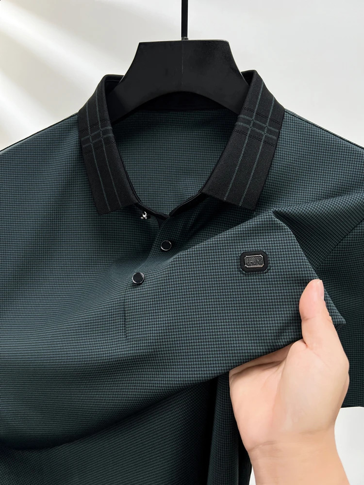 High end short sleeved POLO shirt mens summer fashionable plaid print top ice silk breathable casual T-shirt 240828