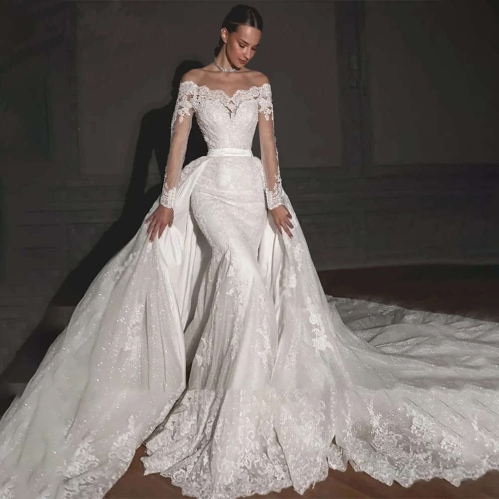 Elegant Mermaid Wedding Dresses Detachable Train Lace Appliqued Bridal Gowns Custom Made Princess Vestido De Noiva