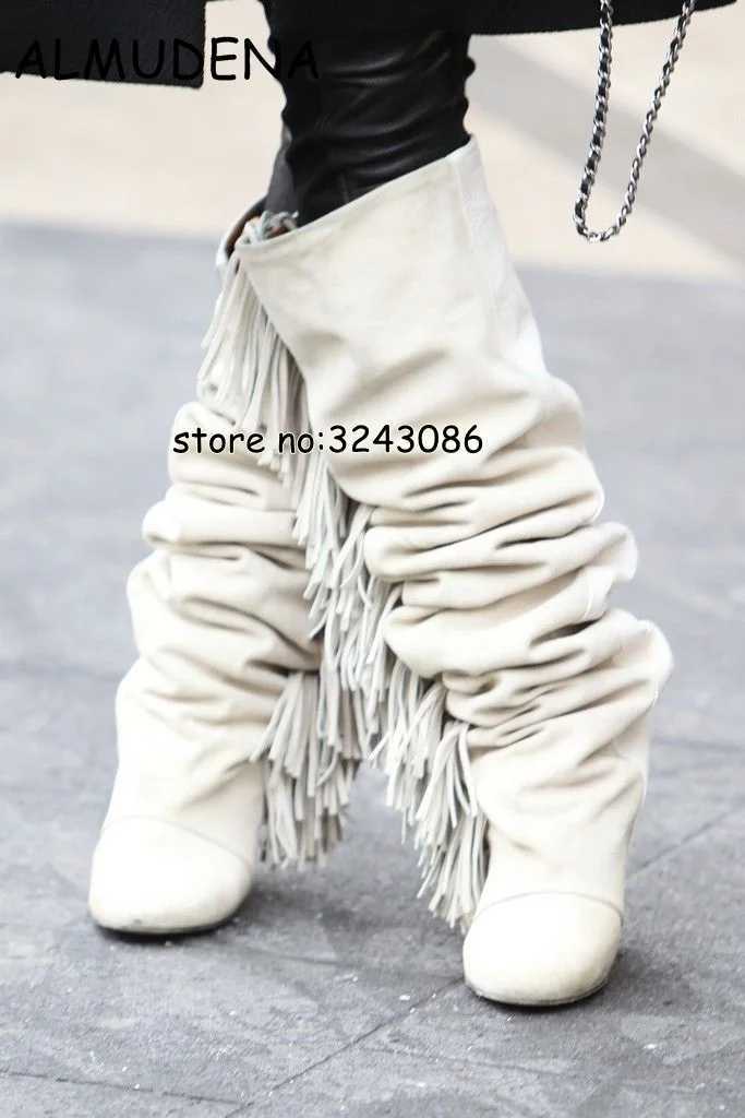 Boots High top suede black and white ruffled knee high Pointed Toe Hidden Wedge womens fashionable boots with increased height Y2408298UDZ