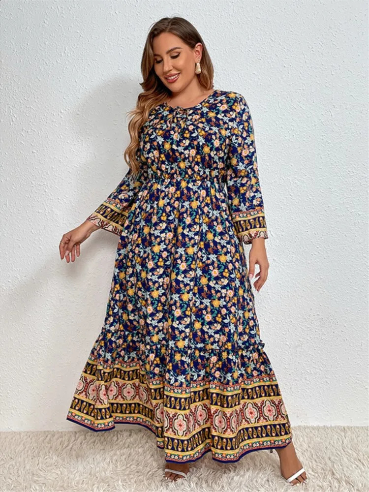 Plus size summer long floral dress for women with stripes and printed sleeves casual loose fashionable womens 240828