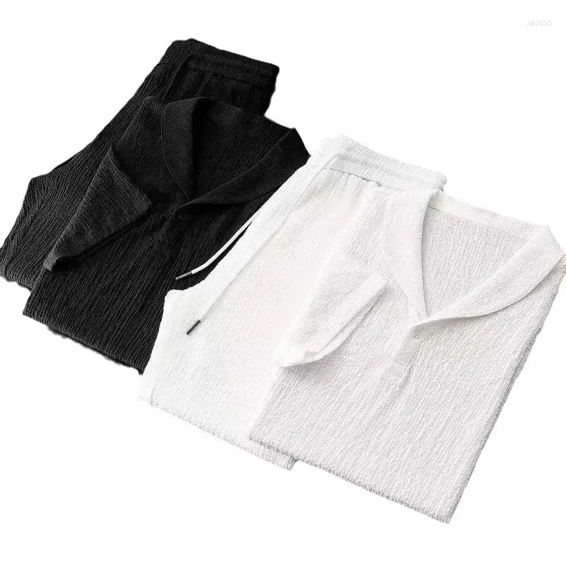 Men's Tracksuits Summer Ultra-thin Sleeveless Ice Silk Linen Suit Cotton Set Oversized Loose-fit Mid-sleeve T-shirt Sports Wear