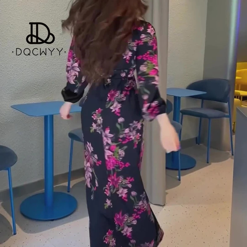 Retro printed Vneck long sleeved waist pleated womens summer warm weight loss party dress 240828
