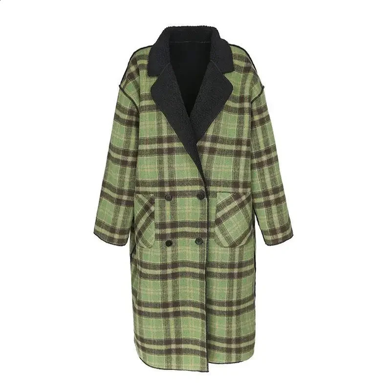 Fashion colored blocked green plain woolen jacket reversible long sheepskin coat womens retro Korean style 240828