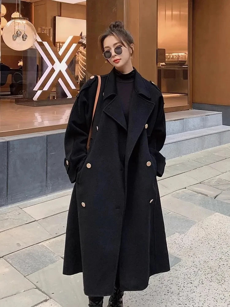 Advanced wool coat womens autumn winter button double-layer breathable long sleeved mid length knee length wool coat 240828