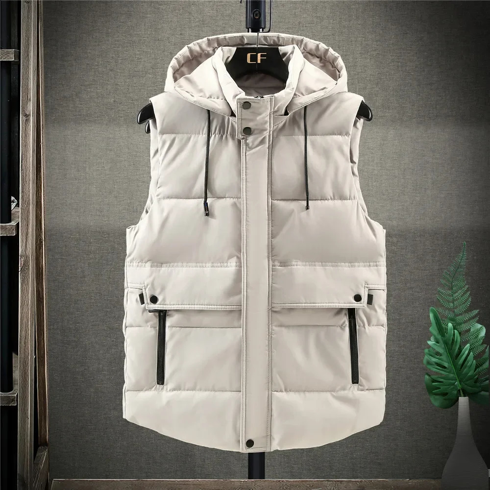 Mens Winter Tank Top Plus Size 5XL Hat Detachable Waist Coat Camo Sleeveless Jacket Warm Parkas Unloading 240828