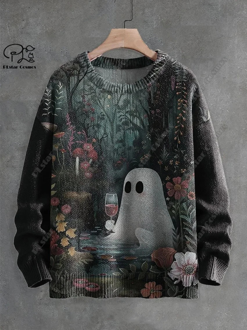 3D Printing Halloween Custom Series Horror Ghost Skull Witch Black Cat Pattern Ugly Sweater Street Casual Winter Sweater W-5 240829