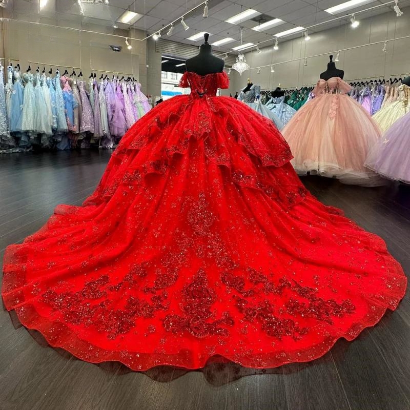 Red Quinceanera Dresses Off The Shoulder Sequin Appliqued Lace Beads Tull Birthday Party Girl Vestidos De 15 Anos Sweet 16 Dress