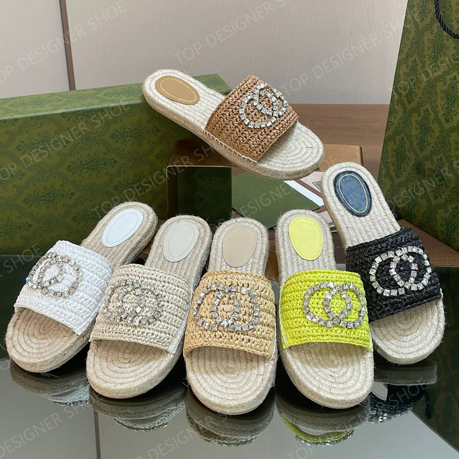 Top quality rhinestone affia slides slipper sandals Straw open toe mules slip on beach flats shoes Luxury Designer slippers for women Summer holiday shoes with box