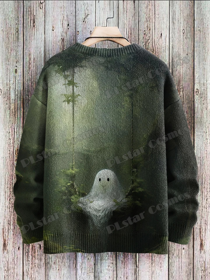 Halloween Ghost Black Cat Art Pattern 3D Printing Mens Knitted Lanhua Winter Neutral Casual Warm Knitted Lanhua Sweater ZZM65 240829