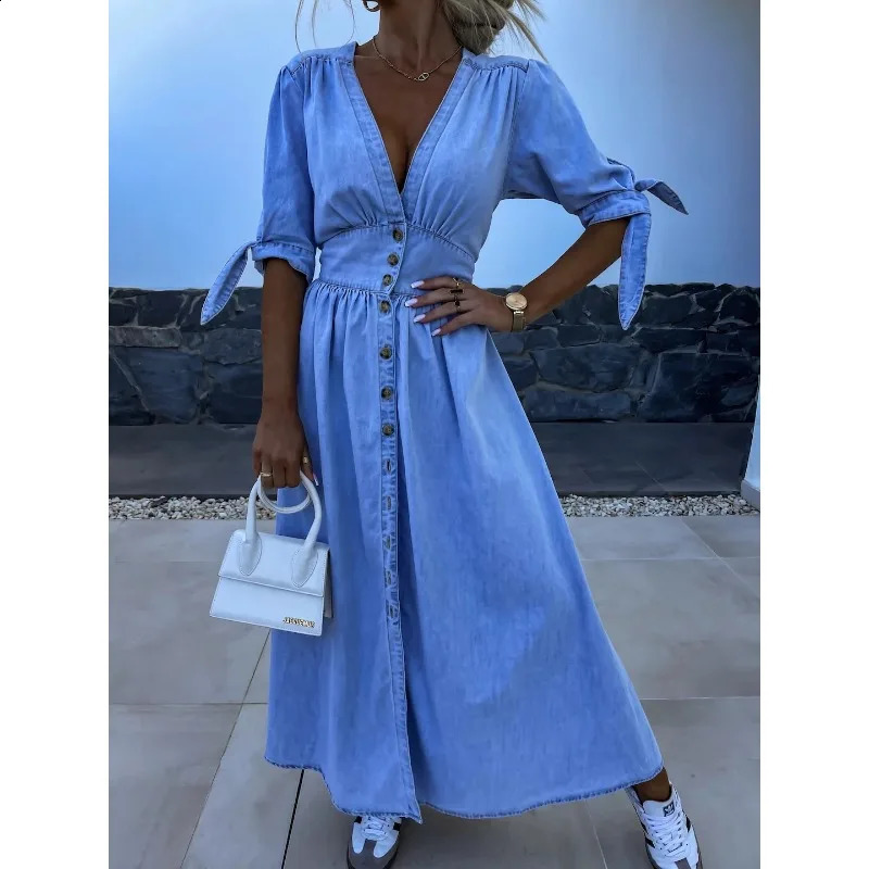 Spring Summer Womens Clothing Solid Color Fashion Sexy V-neck Long Single-Breasted Denim Dress 240828