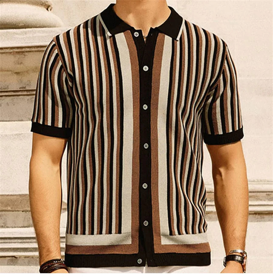 Mens Knitted Polo Shirt Fashion Striped Short Sleeve T-shirt Men Business Tops Casual Breathable Camisas Knitwear 240828