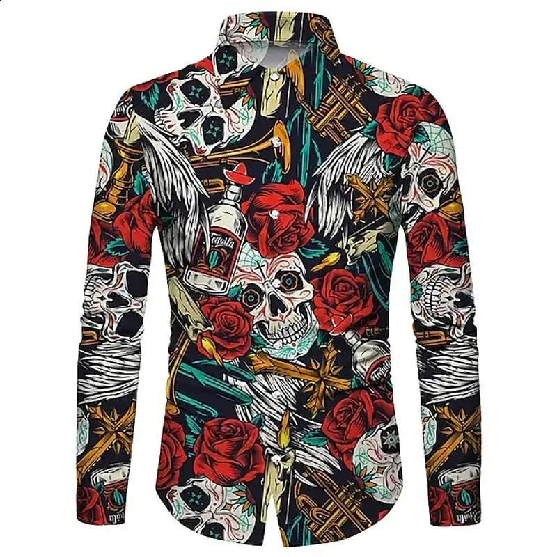 Flower Skull Rose Mens Shirt Sunflower Collar Halloween Street Long Sleeve Button Mens Clothing Fashion n 240829